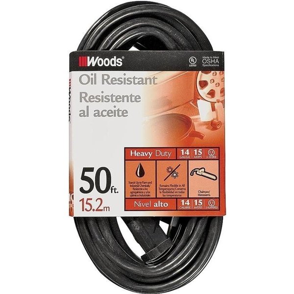 Woods Extension Cord, 14 AWG Cable, 50 ft L, 15 A, 125 V, Black 982452